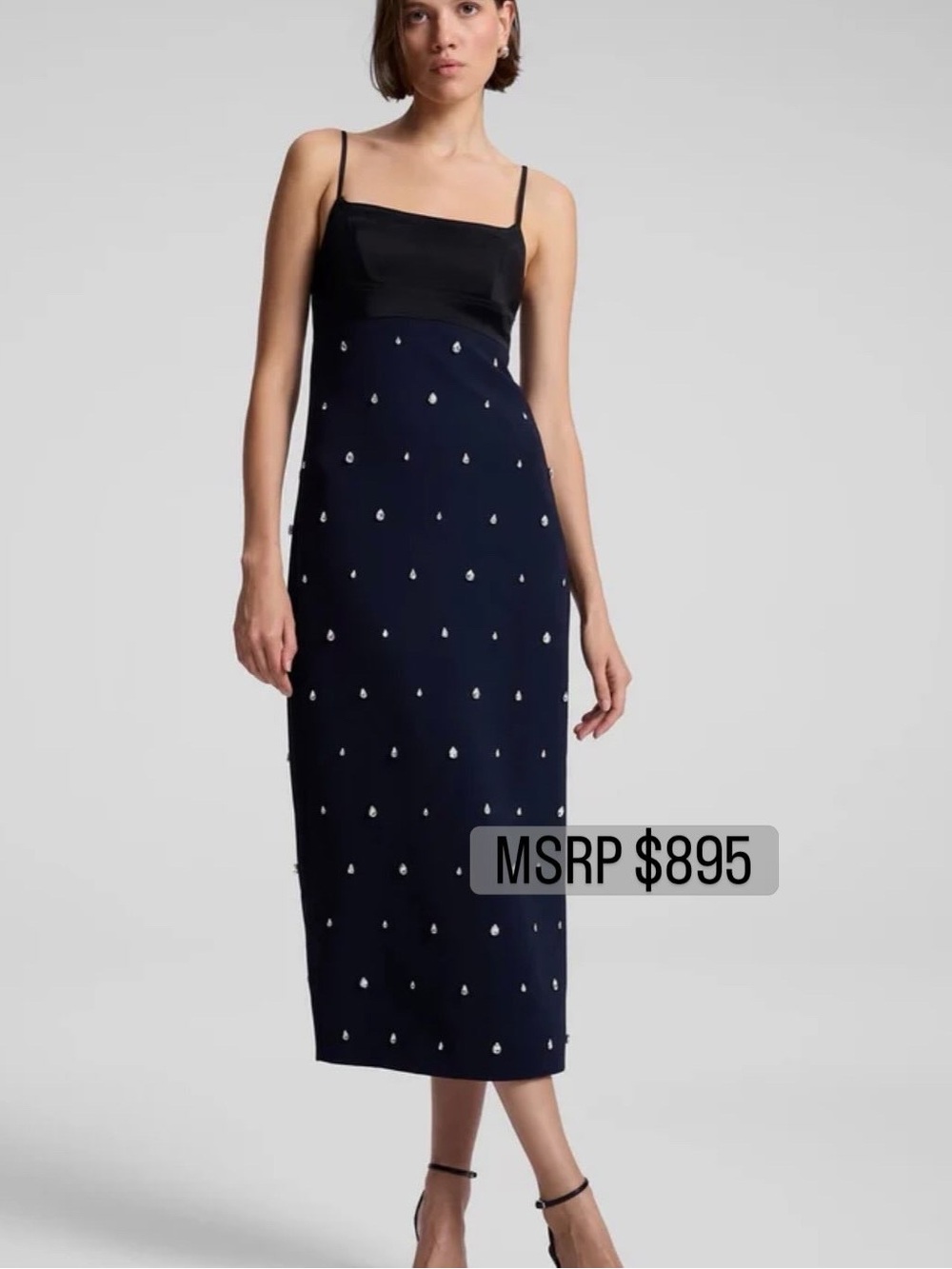 A.L.C. Alana Dress Black Midi Dress with Crystal Teardrop Embellishments